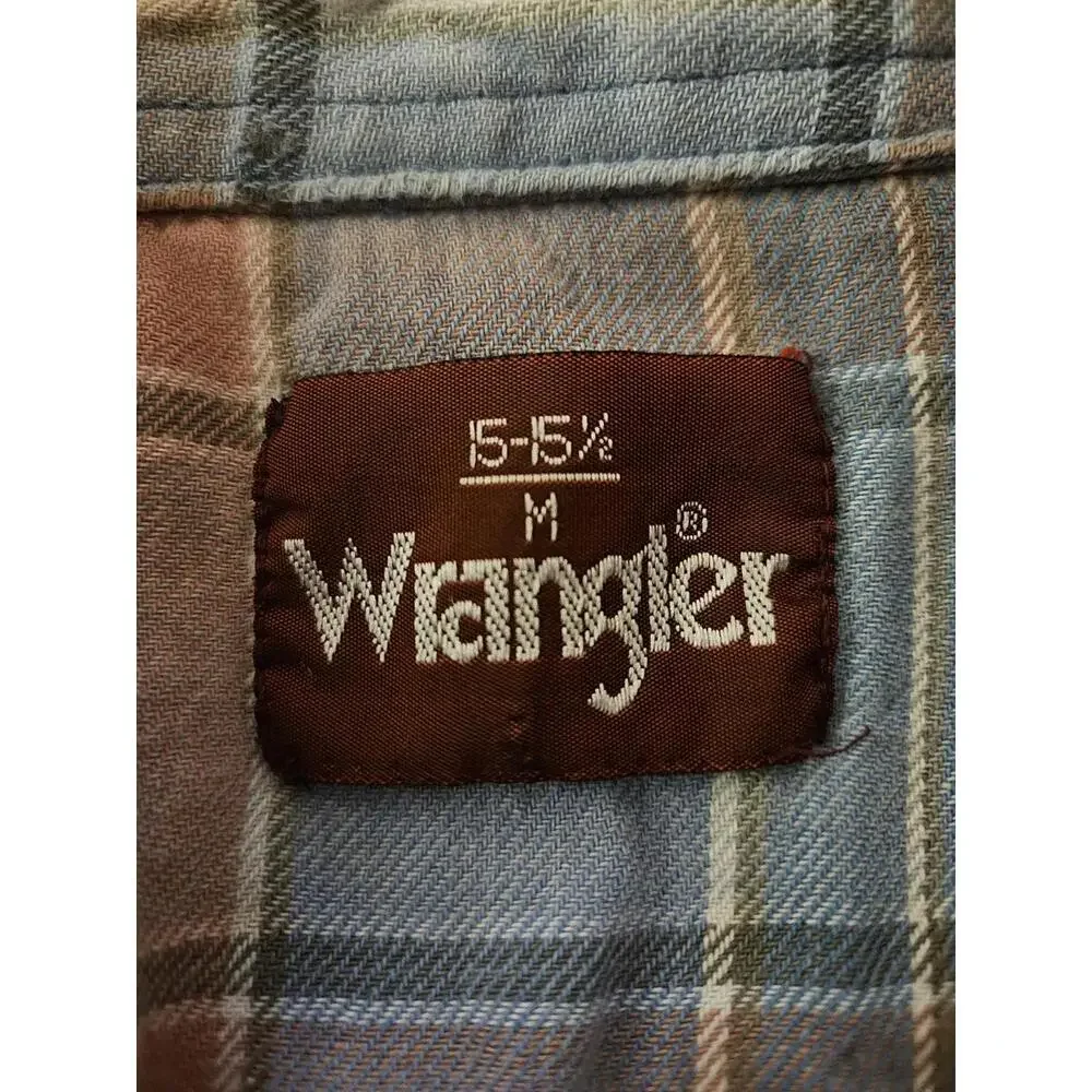 Thrashed Vintage Wrangler medium blue white & mauve snap button up shirt - Picture 8 of 8